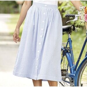 Vtg Vermont Country Store Seersucker Skirt XL Blue White Striped Button Front
